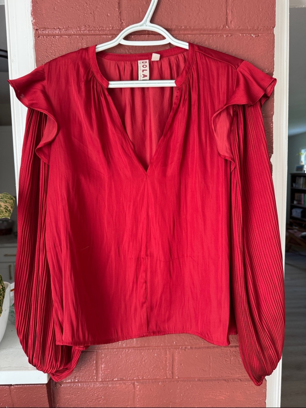 dolan Red V-Neck Blouse with Pleated Long Sleeves and Fluttered Shoulders